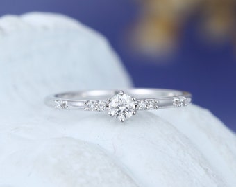 Moissanite engagement ring  solid 14k white gold Unique Diamond ring antique Bridal ring Brilliant wedding women Promise Anniversary  ring