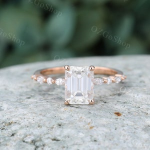 Vintage Emerald cut Moissanite engagement ring women Unique Rose gold engagement ring Marquise diamond ring wedding Bridal Promise ring