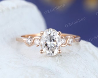 Oval Moissanite engagement ring solid 14k Rose gold vintage engagement ring Unique Diamond ring antique Bridal Promise Anniversary ring