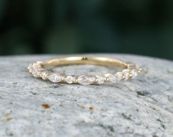 Moissanite wedding band half eternity band women yellow gold wedding band vintage Marquise cut ring stacking matching ring anniversary ring