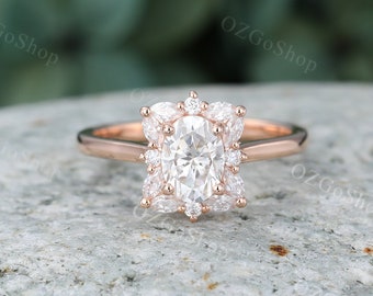 Anello di fidanzamento vintage ovale in moissanite da donna Anello di fidanzamento in oro rosa unico Anello con diamante marquise Anello da sposa con promessa nuziale art deco