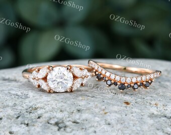 Moissanite engagement ring set rose gold Vintage engagement ring women Marquise cut cluster ring black diamond wedding Bridal Promise gift