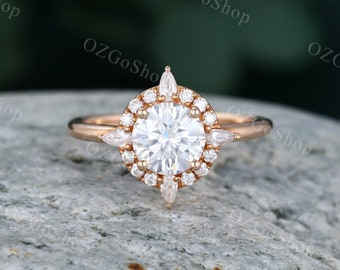 Unique Moissanite engagement ring Vintage Rose gold engagement ring pear diamond halo ring wedding Bridal Promise Anniversary ring for women