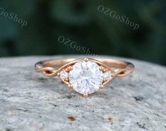 Moissanite engagement ring women 14k Rose gold Vintage engagement ring Twisted diamond wedding Bridal anniversary Promise gift for her