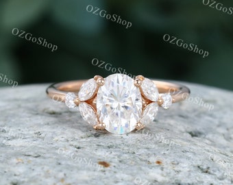 Oval cut Moissanite engagement ring women Unique Rose gold Vintage engagement ring Marquise cut diamond ring wedding Bridal Promise gift