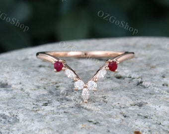 Curved wedding band Moissanite Ruby solid rose gold women vintage Marquise cut stacking matching band Unique Bridal wedding Anniversary ring