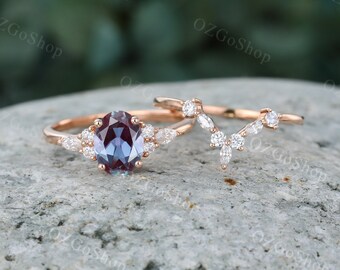 Oval Alexandrite engagement ring set rose gold engagement Unique Marquise moissanite diamond ring Bridal Promise Anniversary gift