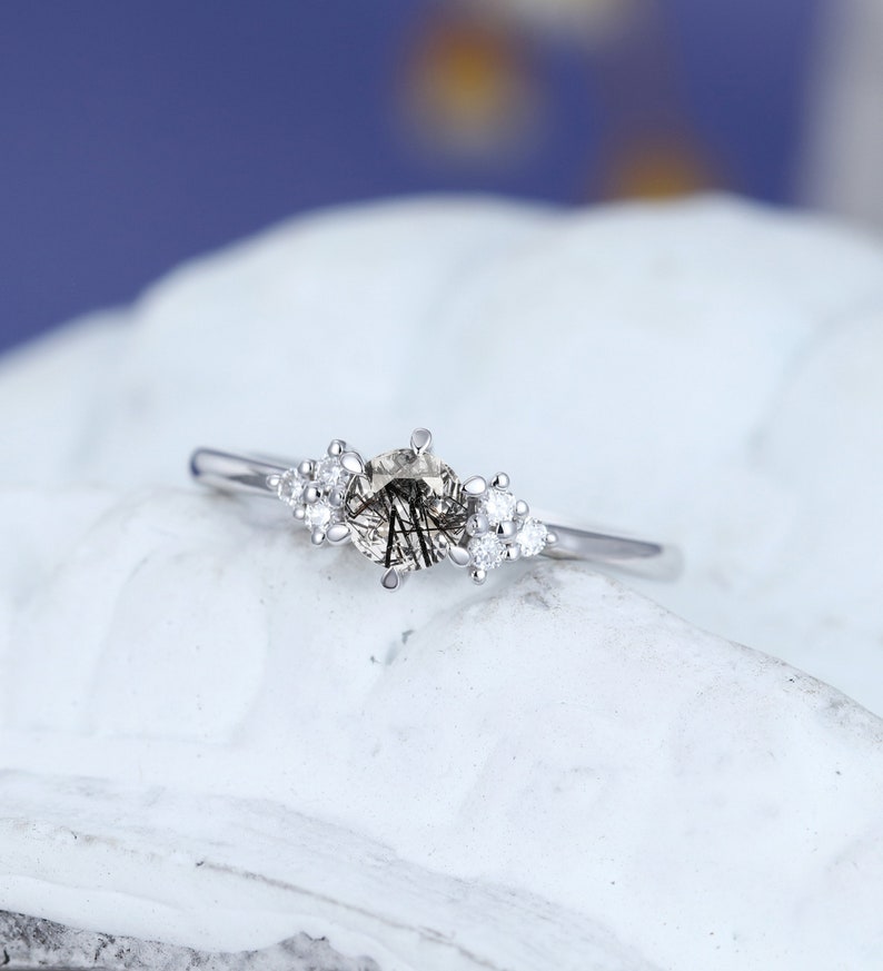 Black Rutilated Quartz engagement ring Solid 14k white gold engagement ring vintage engagement ring Uniquer Bridal Anniversary ring