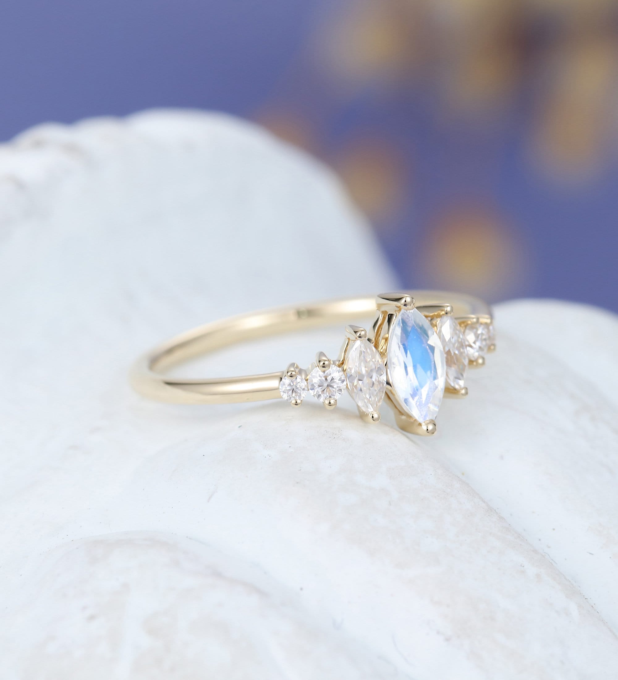 Marquise Cut Moonstone Engagement Ring Solid 14k Yellow Gold - Etsy