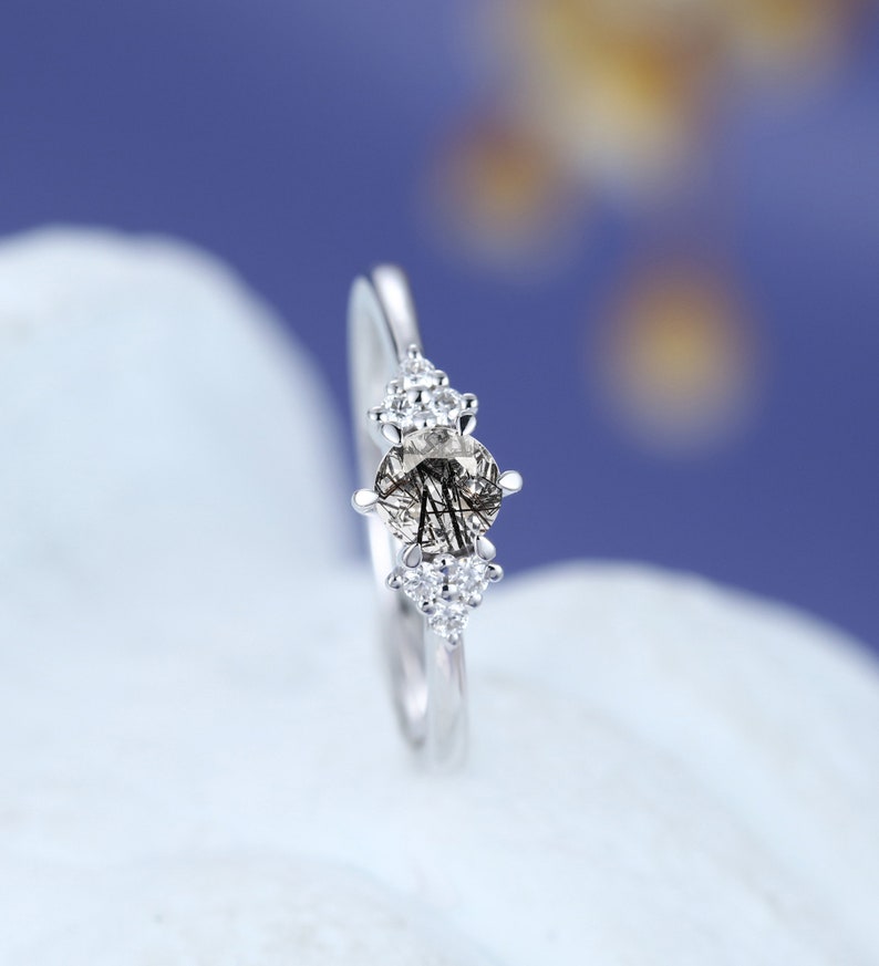 Black Rutilated Quartz engagement ring Solid 14k white gold engagement ring vintage engagement ring Uniquer Bridal Anniversary ring