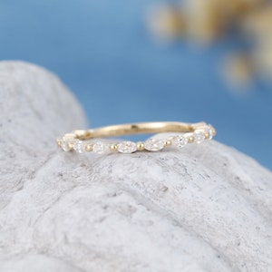 Moissanite wedding band women Solid 14K Yellow Gold wedding band vintage Marquise cut stacking matching ring 3/4 eternity wedding  band