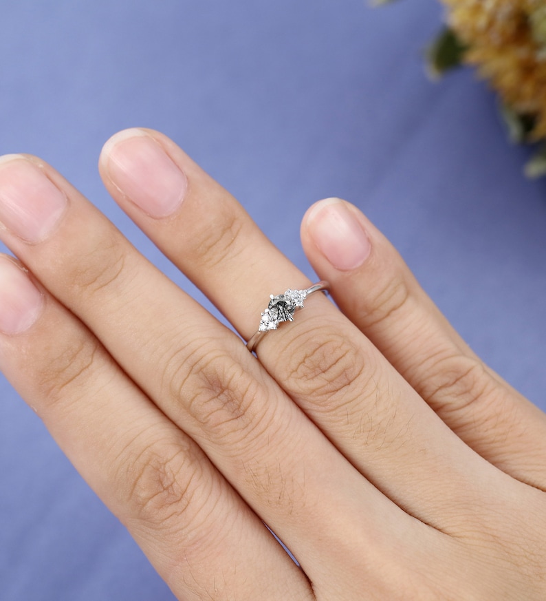 Black Rutilated Quartz engagement ring Solid 14k white gold engagement ring vintage engagement ring Uniquer Bridal Anniversary ring