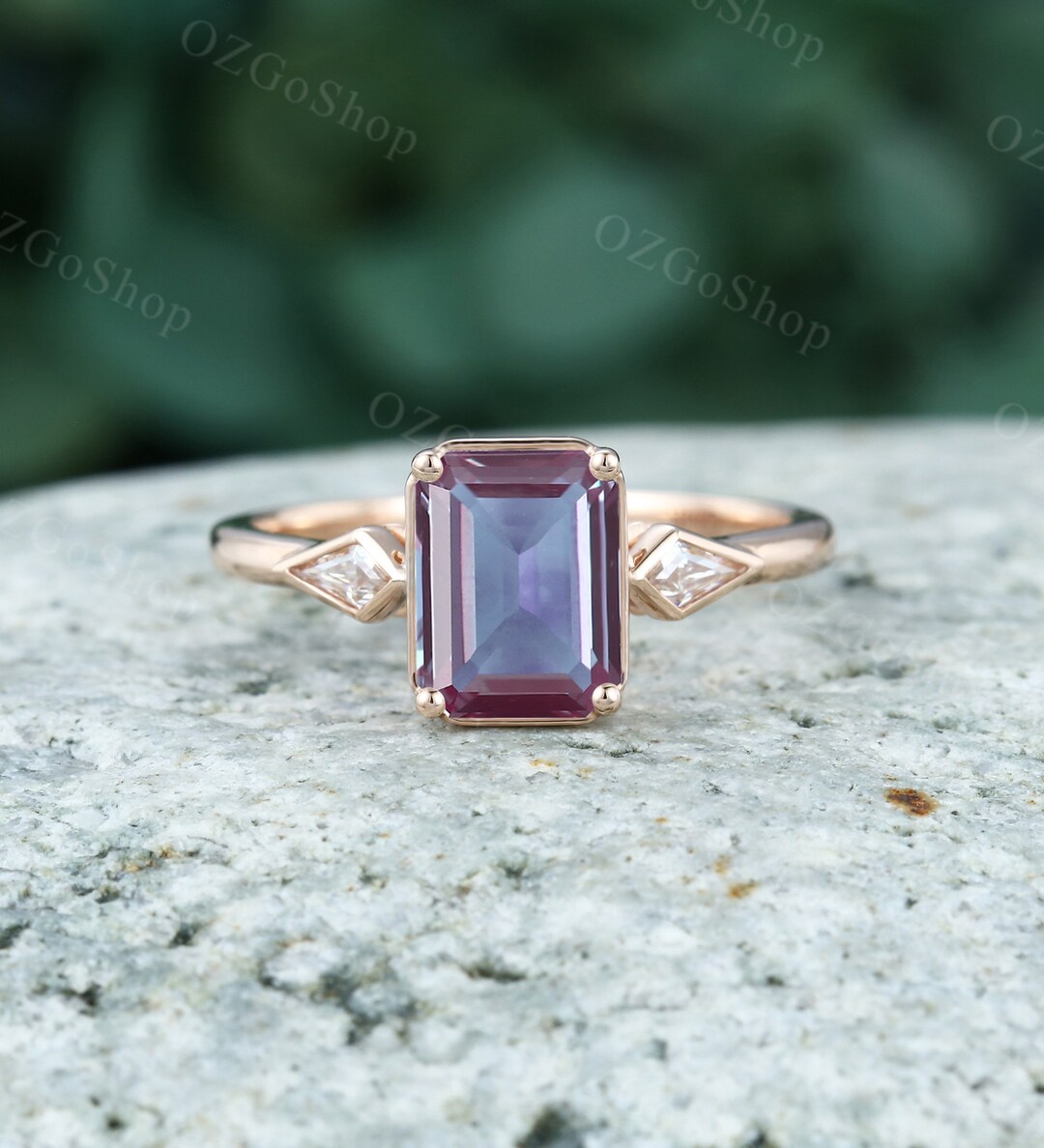Emerald Cut Alexandrite Engagement Ring Rose Gold Bezel Moissanite Ring