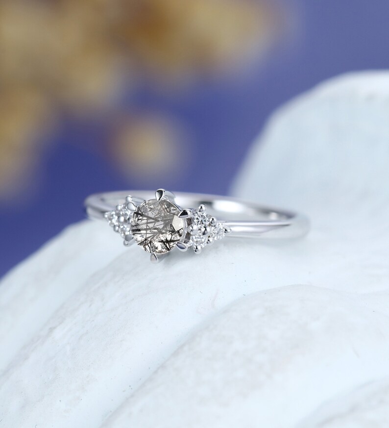 Black Rutilated Quartz engagement ring Solid 14k white gold engagement ring vintage engagement ring Uniquer Bridal Anniversary ring