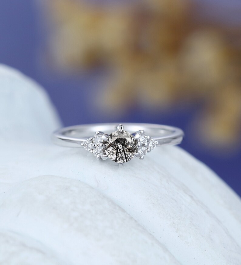 Black Rutilated Quartz engagement ring Solid 14k white gold engagement ring vintage engagement ring Uniquer Bridal Anniversary ring