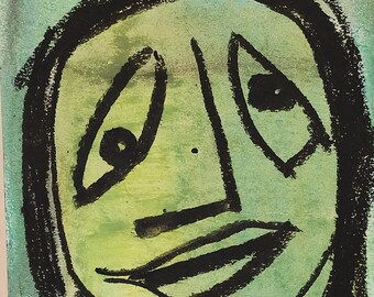 original PASTEL ink pen painting pink green SURREAL portrait boy OUTSIDER art irreverent one of a kind punk artporn underground artwork art