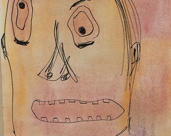 original PASTEL ink pen painting pink green SURREAL portrait boy OUTSIDER art irreverent one of a kind punk artporn underground artwork art