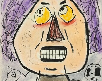 original PASTEL ink pen painting pink green SURREAL portrait boy OUTSIDER art irreverent one of a kind punk artporn underground artwork art