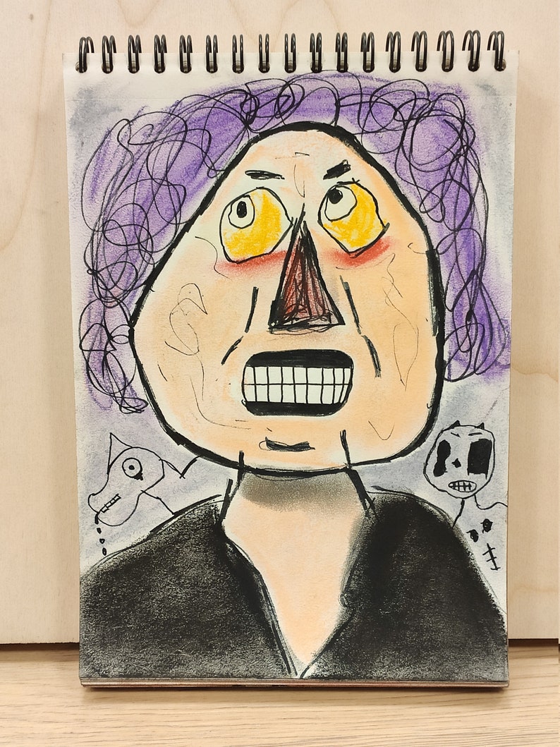 original PASTEL ink pen painting pink green SURREAL portrait boy OUTSIDER art irreverent one of a kind punk artporn underground artwork art