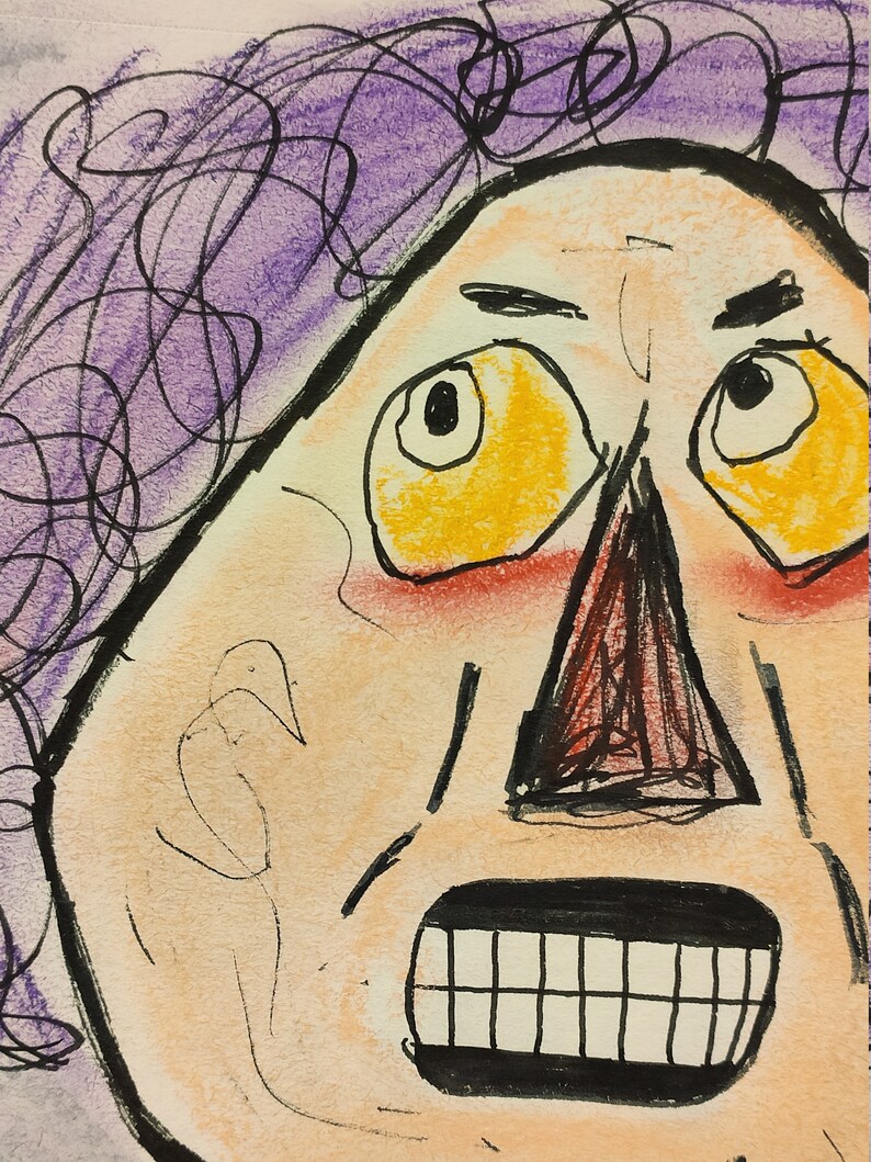 original PASTEL ink pen painting pink green SURREAL portrait boy OUTSIDER art irreverent one of a kind punk artporn underground artwork art