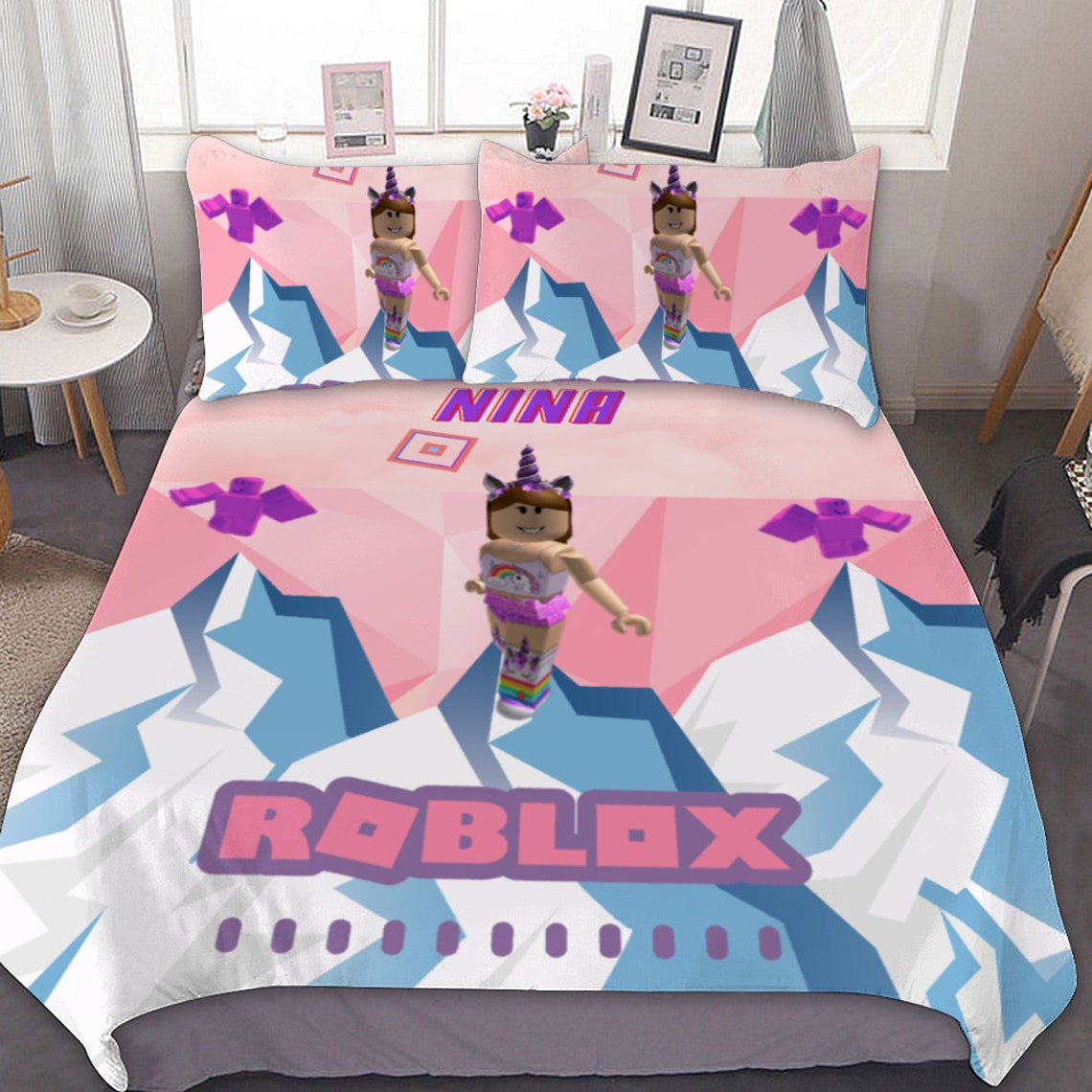 Unicorn Girl Bedding Deco Room Personalized Roblox Pink Etsy