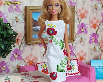 Hand embroidered. Hungarian folk art dress for 12 inch fashion dolls. Fashion doll clothes. MADE TO ORDER! 1:6 scale.
