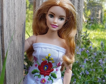 Hand embroidered (Hungarian folk art) dress for curvy 12 inch fashion dolls.  Fashion doll clothes, outfit. MADE TO ORDER.