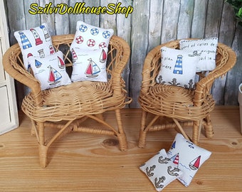 Summer pillows, navy/beach patterned cushions, for 8-12 inch fashion dolls. 1:6 scale dollhouse accessoires.