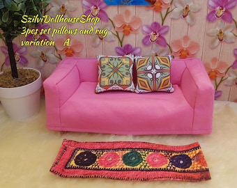 3pcs set boho pillows and rug for 8-12 inch fashion dolls. 1:6 scale dollhouse accessoires.