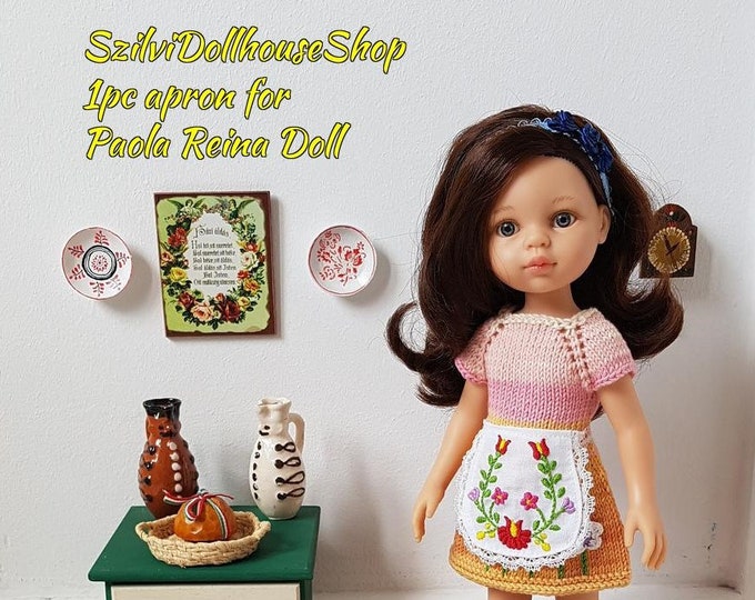 Featured listing image: Hand embroidered (Hungarian folk art) apron for Paola Reina Doll, for 12 inch dolls. MADE TO ORDER.