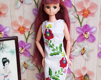 Hand embroidered dress or folk outfit for Takara Licca doll. Hungarian folk art. MADE TO ORDER