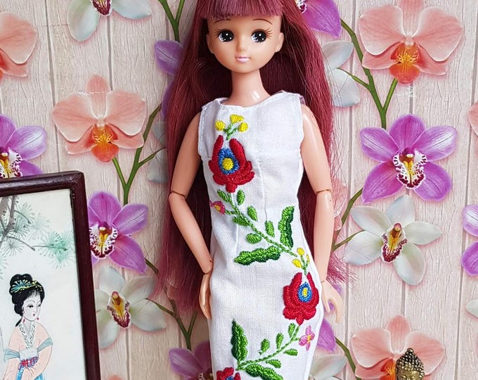 Featured listing image: Hand embroidered dress or folk outfit for Takara Licca doll. Hungarian folk art. MADE TO ORDER