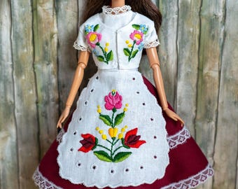 Hungarian folk costume for 12 inch fashion dolls. Hand embroidered.  Fashion doll clothes.  1:6 play scale. MADE TO ORDER.
