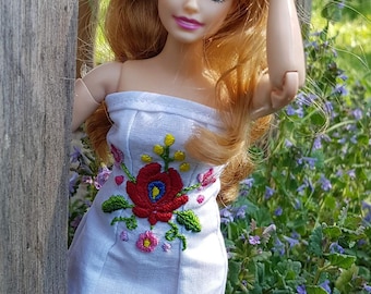 Hand embroidered (Hungarian folk art) dress for curvy 12 inch fashion dolls.  Fashion doll clothes, outfit. MADE TO ORDER.