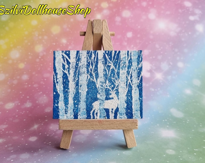 Featured listing image: Dollhouse painting for 8-12 inch fashion dolls. 1:6 scale. HAND PAINTED. Acrylic mini painting. Miniature "Winter wonderland" painting art.