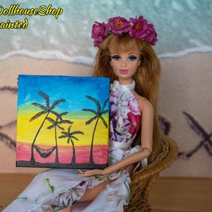 Dollhouse painting on mini canvas. HAND PAINTED. 1/6 scale. Acrylic mini painting decor. Miniature palm tree painting art. &quot;Relax&quot;. Art Gift