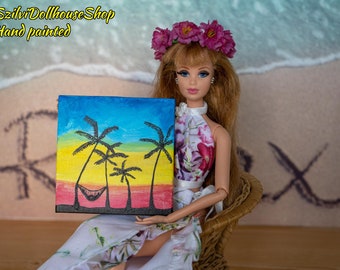 Dollhouse painting on mini canvas. HAND PAINTED. 1/6 scale. Acrylic mini painting decor. Miniature palm tree painting art. "Relax". Art Gift