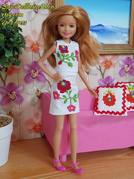 Hand Embroidered hungarian Folk Art Dress for Barbie's Sister Stacie.  Fashion Doll Clothes, Barbie Dress, Clothes. MADE TO ORDER. 