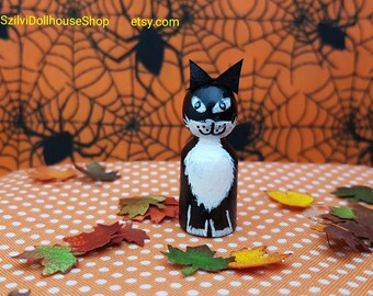 Halloween mini black cat peg doll ornament for 8-12 inch fashion dolls. 1:6 scale dollhouse accessoires.