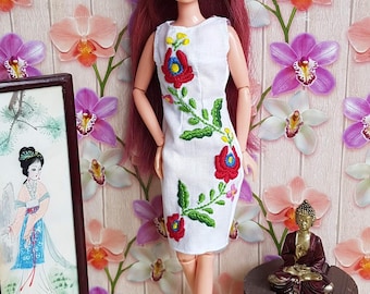 Hand embroidered dress for Takara Licca doll.  Fashion doll clothes. Hungarian folk art.  1:6 play scale. MADE TO ORDER