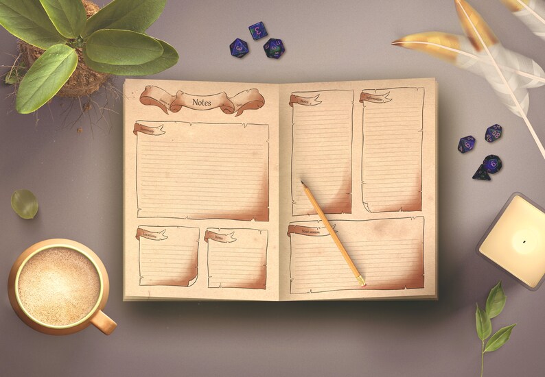 Pode incluir: Um caderno aberto com capa marrom e p&aacute;ginas pautadas. O caderno &eacute; dividido em se&ccedil;&otilde;es com t&iacute;tulos para "Notas", "Personagem", "Antecedentes" e "Registro de miss&otilde;es". Um l&aacute;pis est&aacute; sobre as p&aacute;ginas abertas. H&aacute; tamb&eacute;m v&aacute;rios dados azuis espalhados ao redor do caderno.
