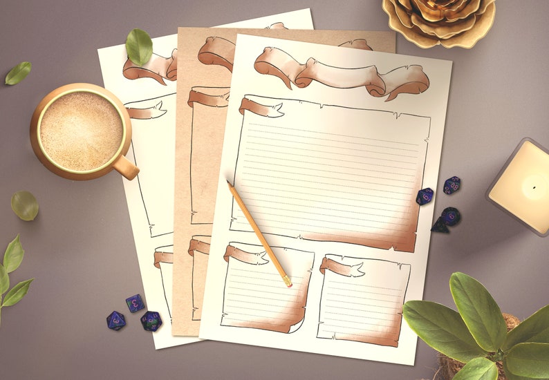 Pode incluir: Tr&ecirc;s folhas de papel vegetal imprim&iacute;veis com um fundo de aquarela marrom e uma faixa na parte superior. As folhas s&atilde;o pautadas para escrever e t&ecirc;m uma borda decorativa.