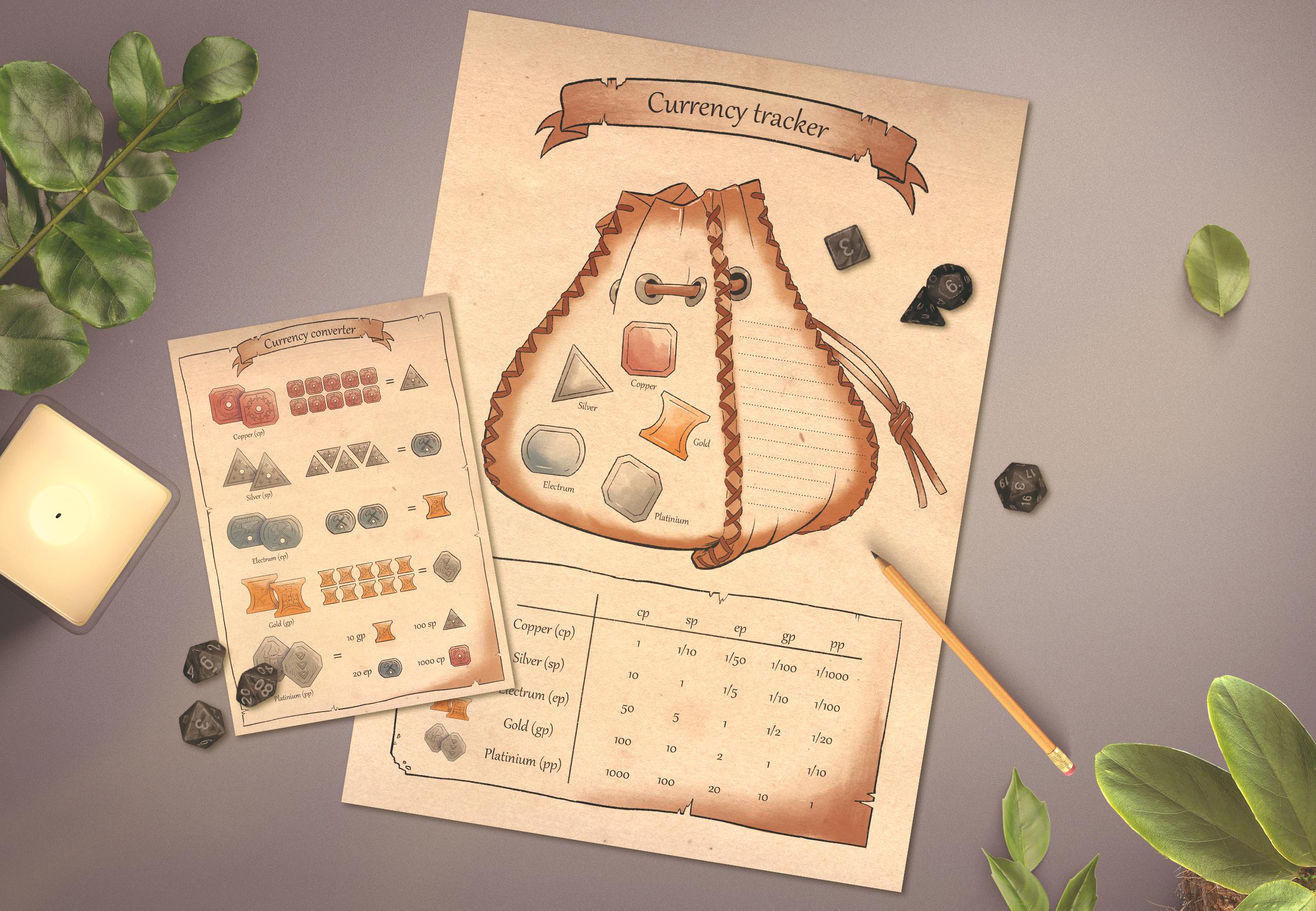 D&D 通貨トラッカーおよびコンバーター: コインポーチ (PDF)