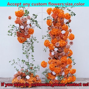 Arco de boda con hortensias naranjas y rosas polvorientas, fondo para fiesta de compromiso, arco floral para boda otoñal, fondo con hilera de flores y luna.