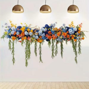 Orange Blue Flower Runner,Wedding Arch Floral Row,Flower Centerpiece,Wedding Reception,Stair aisle,Table runner,bridal shower Party backdrop