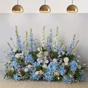 White Baby&#39;sBreath Rose Baby Blue Wedding Flower aisle runner,Floor flower Row,Flower aisle idea Church Wedding item Home Decor,Table runner