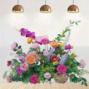Hot Pink Orange Rose Greenery Flower aisle runners,Floor flower Arrangement,Flower aisle idea Church Wedding items Decor,Flower Centerpieces