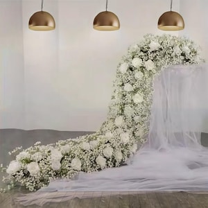 White Rose Baby&#39;s Breath Flower Runner,Wedding Floral Row,Table Flower Runner,Wedding Flower Centerpiece,Wedding Reception,5D Flower Garland