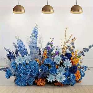 Orange and Royal Blue Hydrangea Rose Flower aisle runner,Floor flower Arrangement,Flower aisle idea Church Wedding Decor,Flower Centerpieces