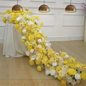 Yellow White Rose Flower Table Runner,Floral Arch Row,Flower Centerpiece,Wedding Flower Reception Table Decor,Flower Garland,5D Wedding arch